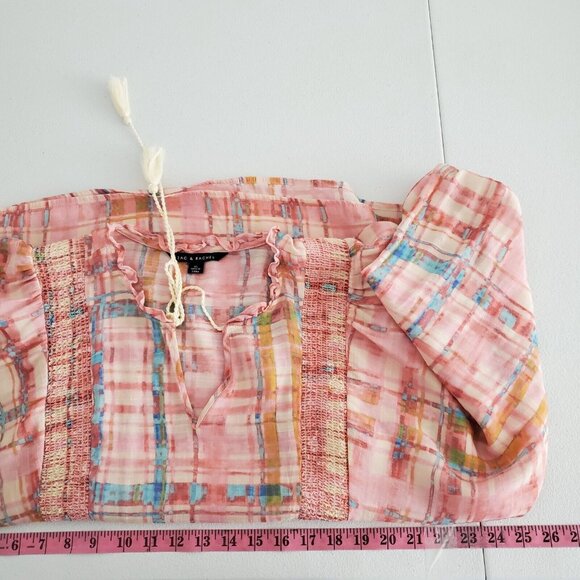 Zac & Rachel Womens Pink Plaid Blouse Size XL Smocked Tie Ruffled Neck Peasant - Picture 7 of 10